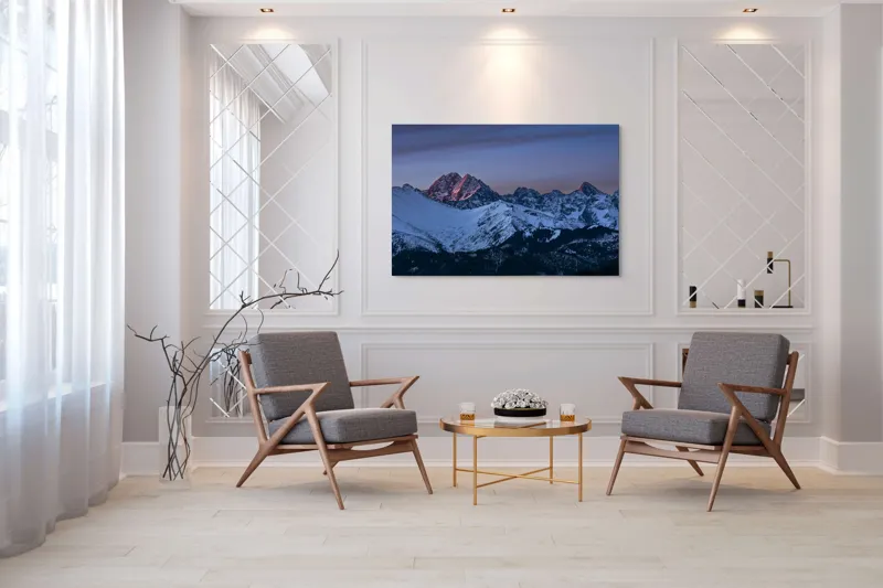 Tablou Canvas, "Splendoarea apusului în munții înzăpeziți", Montană, Zăpadă, Apus, Vârfuri, Roz, Albastru, Serenitate, Frumusețe, Natură, Liniște, 150 x 100 cm – poza 7