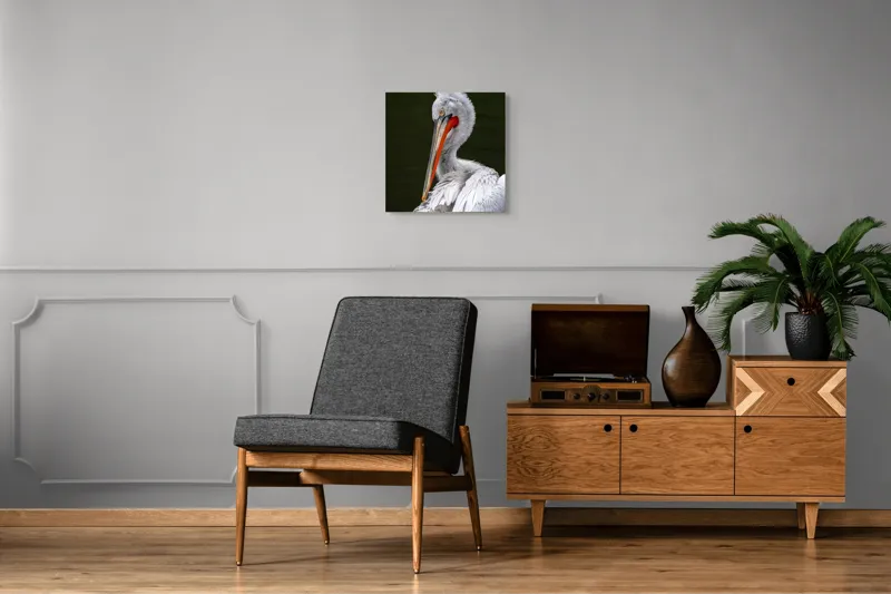 Tablou Canvas, "Pelican alb în apă liniștită", Elegant, Alb, Penaj, Ochi, Cioc, Contrast, Apă, Delicat, 50 x 50 cm – poza 6