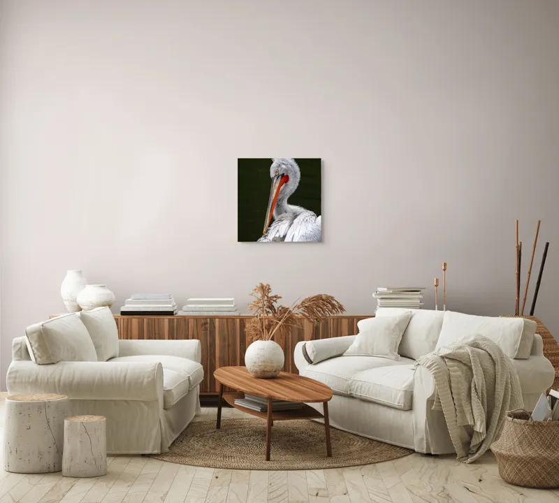Tablou Canvas, "Pelican alb în apă liniștită", Elegant, Alb, Penaj, Ochi, Cioc, Contrast, Apă, Delicat, 50 x 50 cm – poza 7