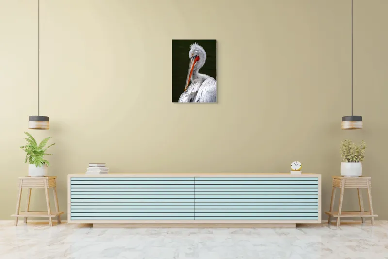 Tablou Canvas, "Pelican alb în apă liniștită", Elegant, Alb, Penaj, Ochi, Cioc, Contrast, Apă, Delicat, 50 x 70 cm – poza 6