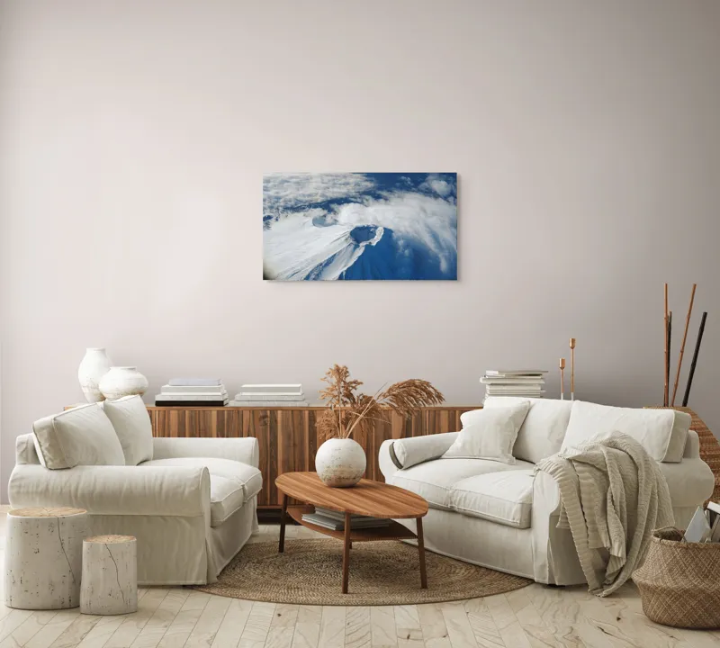 Tablou Canvas, "Vârful înzăpezit sub cerul albastru", Nor, Zăpadă, Vârf, Crater, Albastru, Recepție, Aventura, Natură, 90 x 50 cm – poza 4
