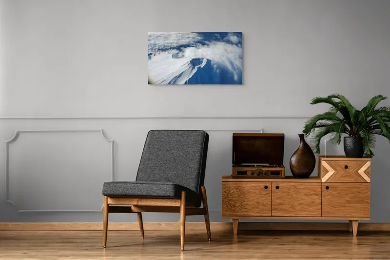 Tablou Canvas, "Vârful înzăpezit sub cerul albastru", Nor, Zăpadă, Vârf, Crater, Albastru, Recepție, Aventura, Natură, 90 x 50 cm – poza 6