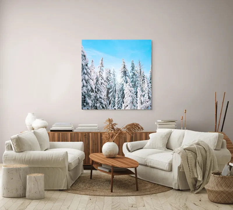 Tablou Canvas, "Farmecul iernii în pădurea înzăpezită", Zăpadă, Copaci, Cer, Iarnă, Albastru, Natură, Lumină, Pădure, 100 x 100 cm – poza 3