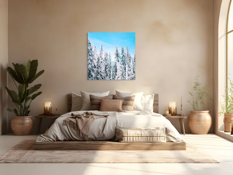 Tablou Canvas, "Farmecul iernii în pădurea înzăpezită", Zăpadă, Copaci, Cer, Iarnă, Albastru, Natură, Lumină, Pădure, 100 x 100 cm – poza 4