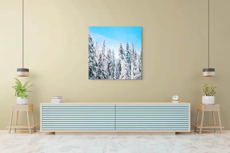 Tablou Canvas, "Farmecul iernii în pădurea înzăpezită", Zăpadă, Copaci, Cer, Iarnă, Albastru, Natură, Lumină, Pădure, 100 x 100 cm – poza 5