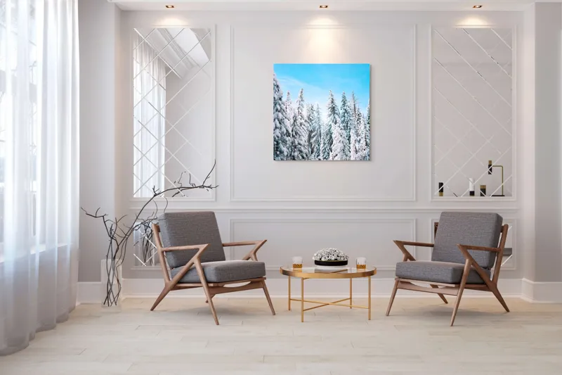 Tablou Canvas, "Farmecul iernii în pădurea înzăpezită", Zăpadă, Copaci, Cer, Iarnă, Albastru, Natură, Lumină, Pădure, 100 x 100 cm – poza 7