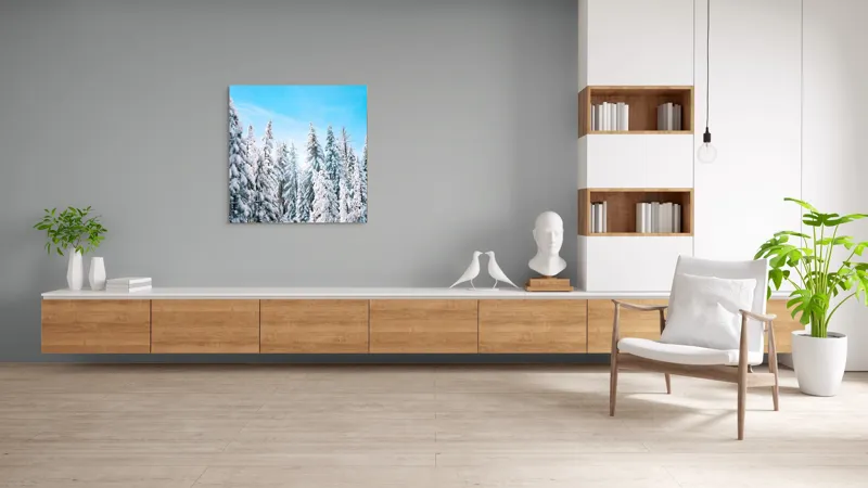 Tablou Canvas, "Farmecul iernii în pădurea înzăpezită", Zăpadă, Copaci, Cer, Iarnă, Albastru, Natură, Lumină, Pădure, 100 x 100 cm – poza 8