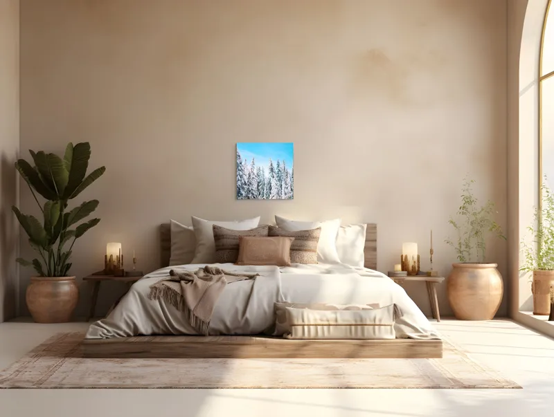 Tablou Canvas, "Farmecul iernii în pădurea înzăpezită", Zăpadă, Copaci, Cer, Iarnă, Albastru, Natură, Lumină, Pădure, 50 x 50 cm – poza 5