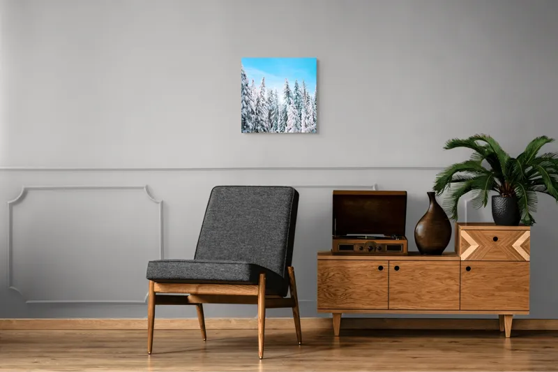 Tablou Canvas, "Farmecul iernii în pădurea înzăpezită", Zăpadă, Copaci, Cer, Iarnă, Albastru, Natură, Lumină, Pădure, 50 x 50 cm – poza 6