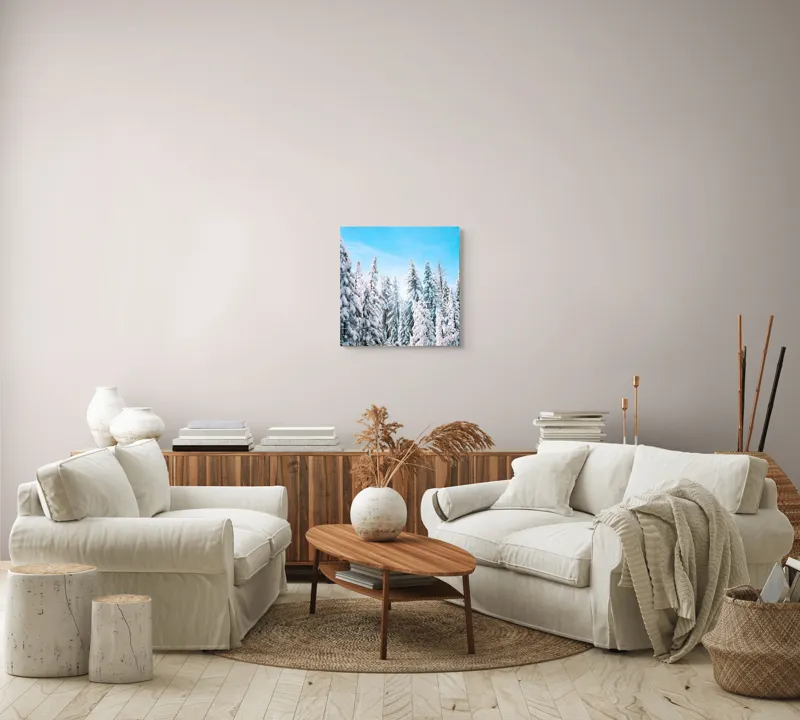 Tablou Canvas, "Farmecul iernii în pădurea înzăpezită", Zăpadă, Copaci, Cer, Iarnă, Albastru, Natură, Lumină, Pădure, 50 x 50 cm – poza 7