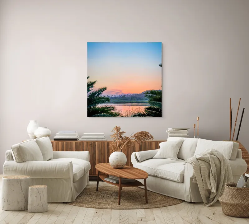 Tablou Canvas, "Paradisiaca apus peste râu și palmieri", Cer, Apus, Apă, Palmieri, Reflectare, Peisaj, Culori, Serenitate, Natură, Frumusețe, Liniște, Vegetație, 100 x 100 cm – poza 3