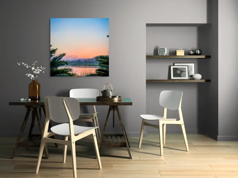 Tablou Canvas, "Paradisiaca apus peste râu și palmieri", Cer, Apus, Apă, Palmieri, Reflectare, Peisaj, Culori, Serenitate, Natură, Frumusețe, Liniște, Vegetație, 100 x 100 cm – poza 6