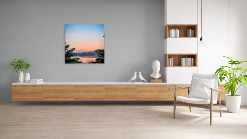 Tablou Canvas, "Paradisiaca apus peste râu și palmieri", Cer, Apus, Apă, Palmieri, Reflectare, Peisaj, Culori, Serenitate, Natură, Frumusețe, Liniște, Vegetație, 100 x 100 cm – poza 8