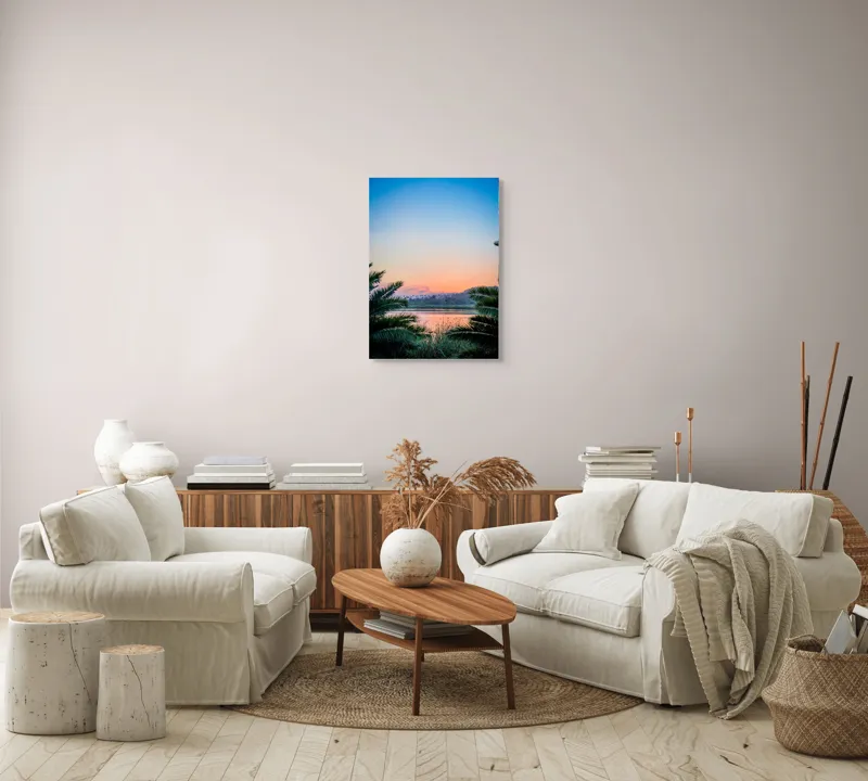 Tablou Canvas, "Paradisiaca apus peste râu și palmieri", Cer, Apus, Apă, Palmieri, Reflectare, Peisaj, Culori, Serenitate, Natură, Frumusețe, Liniște, Vegetație, 50 x 70 cm – poza 4