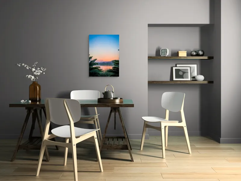 Tablou Canvas, "Paradisiaca apus peste râu și palmieri", Cer, Apus, Apă, Palmieri, Reflectare, Peisaj, Culori, Serenitate, Natură, Frumusețe, Liniște, Vegetație, 50 x 70 cm – poza 5