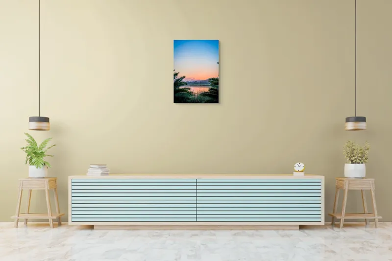 Tablou Canvas, "Paradisiaca apus peste râu și palmieri", Cer, Apus, Apă, Palmieri, Reflectare, Peisaj, Culori, Serenitate, Natură, Frumusețe, Liniște, Vegetație, 50 x 70 cm – poza 6