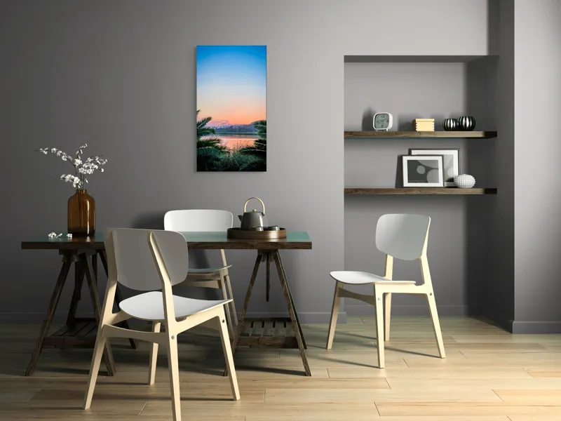 Tablou Canvas, "Paradisiaca apus peste râu și palmieri", Cer, Apus, Apă, Palmieri, Reflectare, Peisaj, Culori, Serenitate, Natură, Frumusețe, Liniște, Vegetație, 50 x 90 cm – poza 4