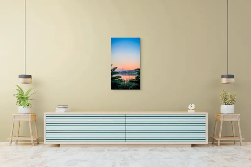 Tablou Canvas, "Paradisiaca apus peste râu și palmieri", Cer, Apus, Apă, Palmieri, Reflectare, Peisaj, Culori, Serenitate, Natură, Frumusețe, Liniște, Vegetație, 50 x 90 cm – poza 6