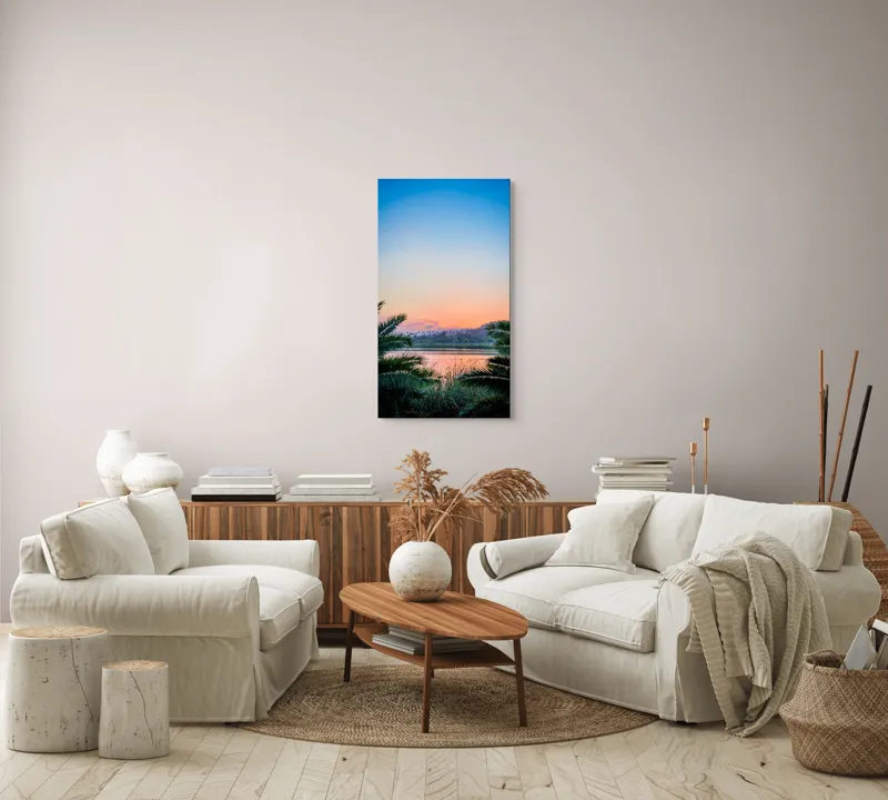 Tablou Canvas, "Paradisiaca apus peste râu și palmieri", Cer, Apus, Apă, Palmieri, Reflectare, Peisaj, Culori, Serenitate, Natură, Frumusețe, Liniște, Vegetație, 50 x 90 cm – poza 7