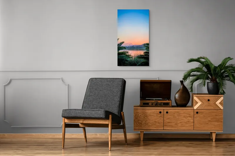 Tablou Canvas, "Paradisiaca apus peste râu și palmieri", Cer, Apus, Apă, Palmieri, Reflectare, Peisaj, Culori, Serenitate, Natură, Frumusețe, Liniște, Vegetație, 50 x 90 cm – poza 8