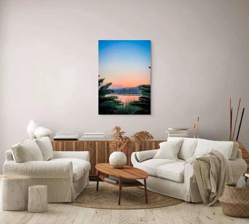 Tablou Canvas, "Paradisiaca apus peste râu și palmieri", Cer, Apus, Apă, Palmieri, Reflectare, Peisaj, Culori, Serenitate, Natură, Frumusețe, Liniște, Vegetație, 70 x 100 cm – poza 4