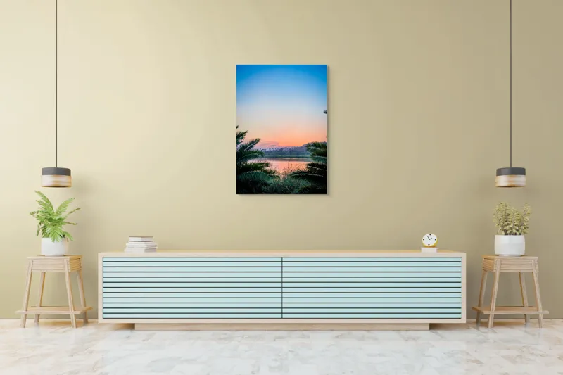Tablou Canvas, "Paradisiaca apus peste râu și palmieri", Cer, Apus, Apă, Palmieri, Reflectare, Peisaj, Culori, Serenitate, Natură, Frumusețe, Liniște, Vegetație, 70 x 100 cm – poza 5
