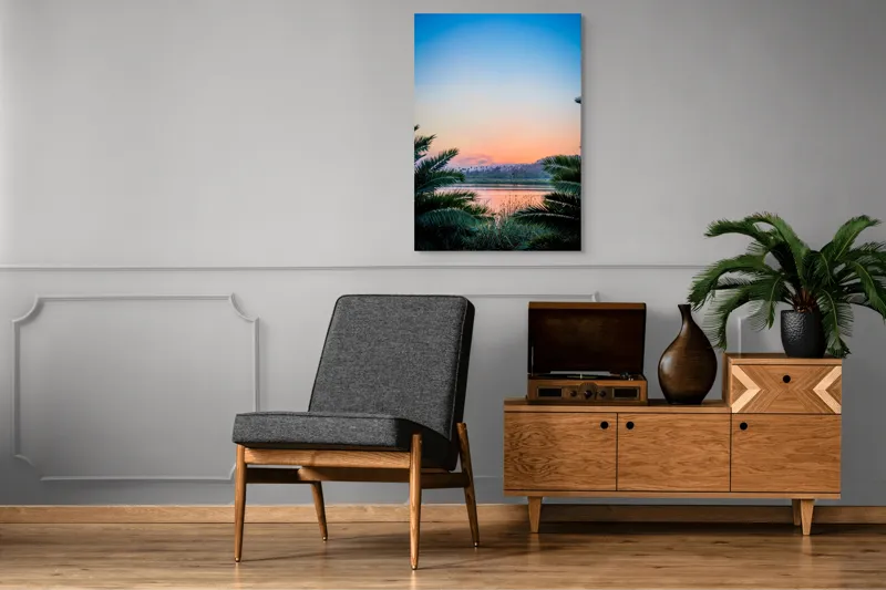 Tablou Canvas, "Paradisiaca apus peste râu și palmieri", Cer, Apus, Apă, Palmieri, Reflectare, Peisaj, Culori, Serenitate, Natură, Frumusețe, Liniște, Vegetație, 70 x 100 cm – poza 6