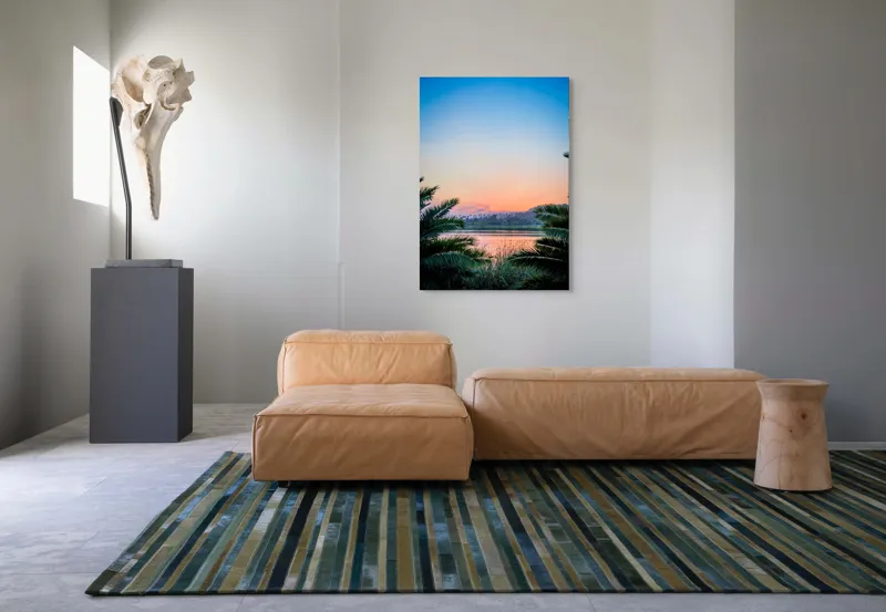 Tablou Canvas, "Paradisiaca apus peste râu și palmieri", Cer, Apus, Apă, Palmieri, Reflectare, Peisaj, Culori, Serenitate, Natură, Frumusețe, Liniște, Vegetație, 70 x 100 cm – poza 7