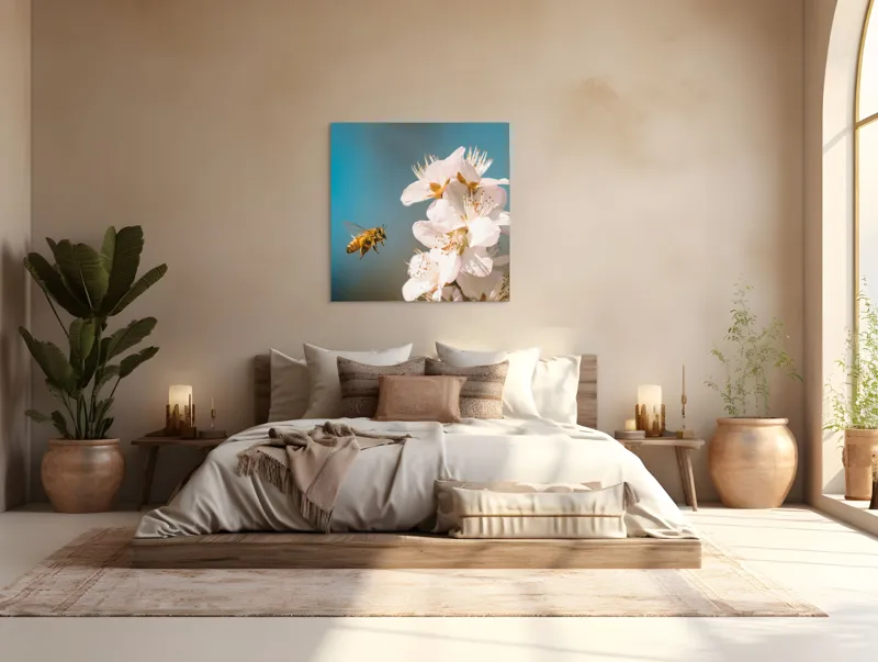 Tablou Canvas, "Albina zburând spre floarea primăverii", Alb, Albine, Flori, Primăvară, Natură, Delicat, Cer, Albastru, Polenizare, 100 x 100 cm – poza 4