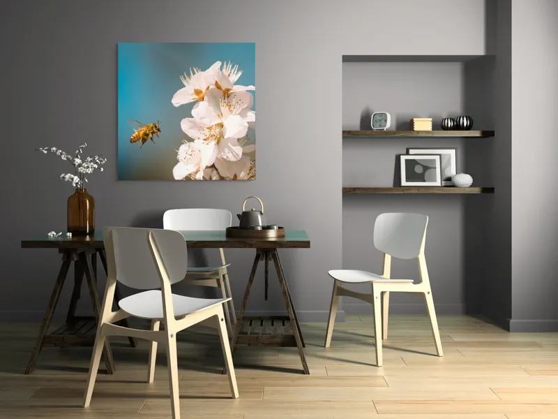 Tablou Canvas, "Albina zburând spre floarea primăverii", Alb, Albine, Flori, Primăvară, Natură, Delicat, Cer, Albastru, Polenizare, 100 x 100 cm – poza 6