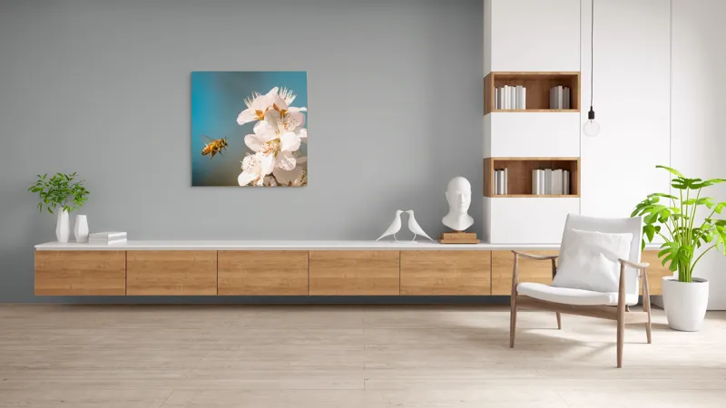 Tablou Canvas, "Albina zburând spre floarea primăverii", Alb, Albine, Flori, Primăvară, Natură, Delicat, Cer, Albastru, Polenizare, 100 x 100 cm – poza 8