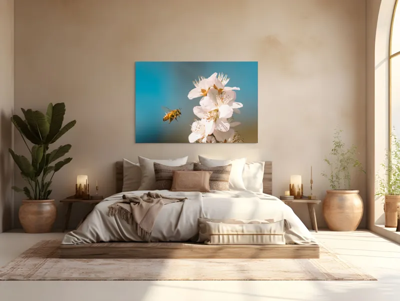 Tablou Canvas, "Albina zburând spre floarea primăverii", Alb, Albine, Flori, Primăvară, Natură, Delicat, Cer, Albastru, Polenizare, 150 x 100 cm – poza 4
