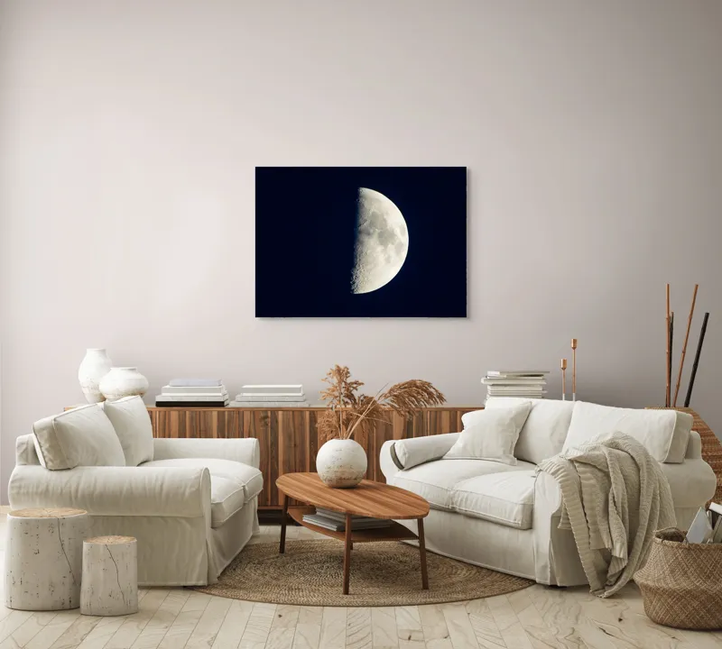 Tablou Canvas, "Lumina lunii la jumătate de drum", Lună, Noapte, Cratere, Semilună, Cer, Lumină, Mister, Frumusețe, Spațiu, 100 x 70 cm – poza 3