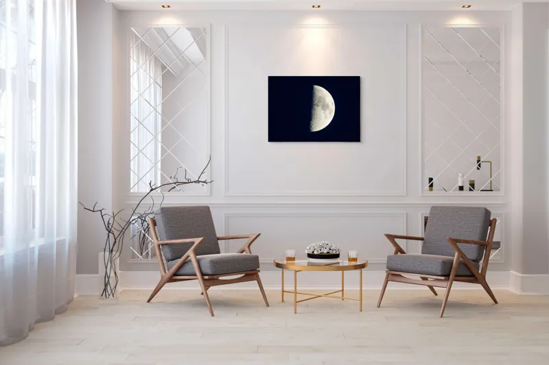 Tablou Canvas, "Lumina lunii la jumătate de drum", Lună, Noapte, Cratere, Semilună, Cer, Lumină, Mister, Frumusețe, Spațiu, 100 x 70 cm – poza 5