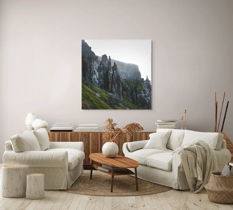 Tablou Canvas, "Culmile stâncoase ale dimineții misterioase", Pietre, Stânci, Verdeață, Păsări, Cer, Abis, Natură, Înălțimi, 100 x 100 cm – poza 3
