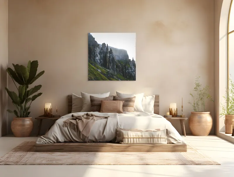 Tablou Canvas, "Culmile stâncoase ale dimineții misterioase", Pietre, Stânci, Verdeață, Păsări, Cer, Abis, Natură, Înălțimi, 100 x 100 cm – poza 4