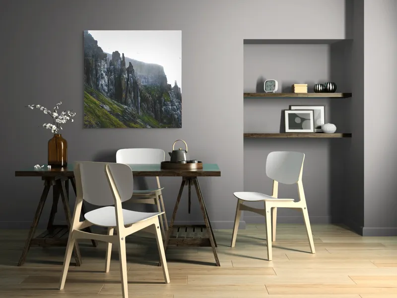 Tablou Canvas, "Culmile stâncoase ale dimineții misterioase", Pietre, Stânci, Verdeață, Păsări, Cer, Abis, Natură, Înălțimi, 100 x 100 cm – poza 6