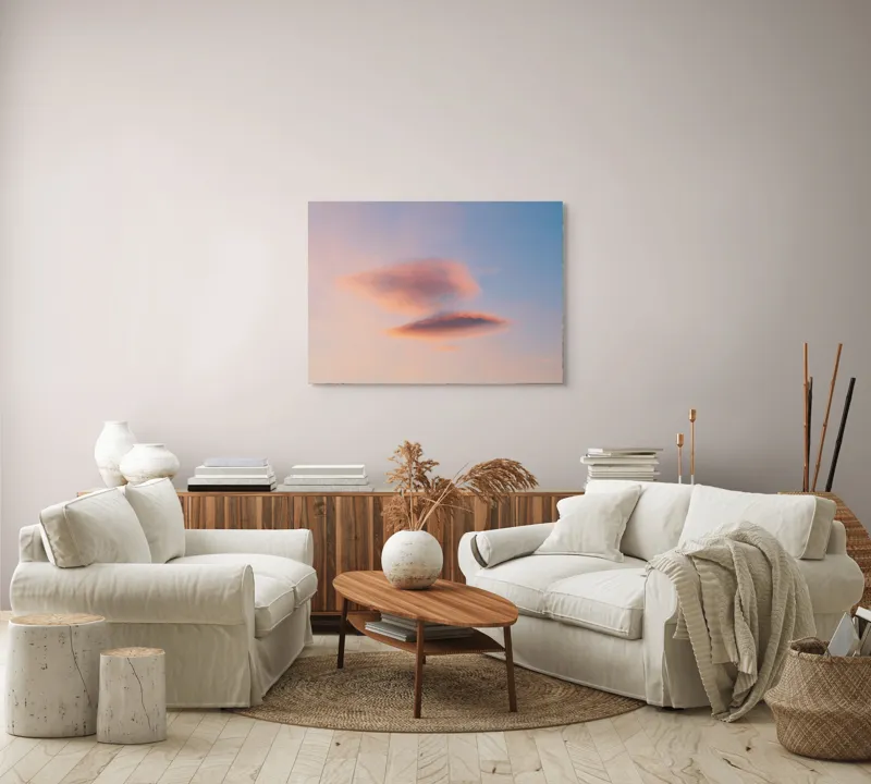 Tablou Canvas, "Nori plutiți pe cerul rozaliu", Nor, Cer, Apus, Senin, Calm, Delicat, Roz, Albastru, Eteric, Fragil, 100 x 70 cm – poza 3