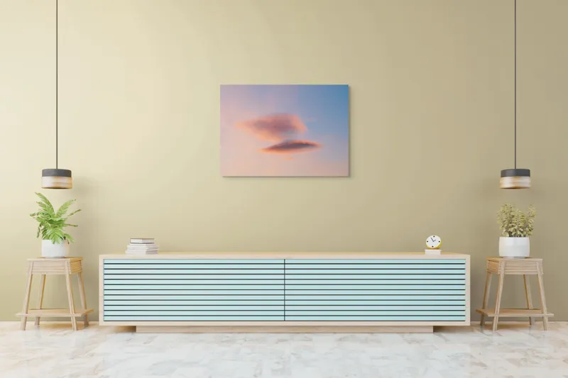 Tablou Canvas, "Nori plutiți pe cerul rozaliu", Nor, Cer, Apus, Senin, Calm, Delicat, Roz, Albastru, Eteric, Fragil, 100 x 70 cm – poza 4