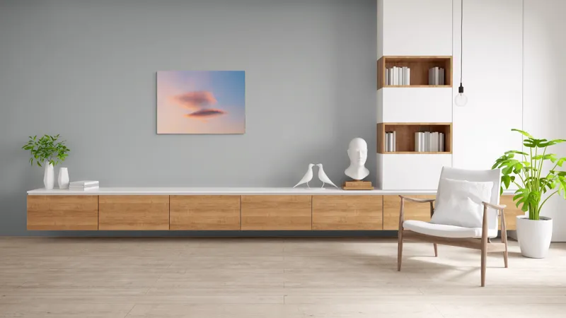 Tablou Canvas, "Nori plutiți pe cerul rozaliu", Nor, Cer, Apus, Senin, Calm, Delicat, Roz, Albastru, Eteric, Fragil, 100 x 70 cm – poza 6