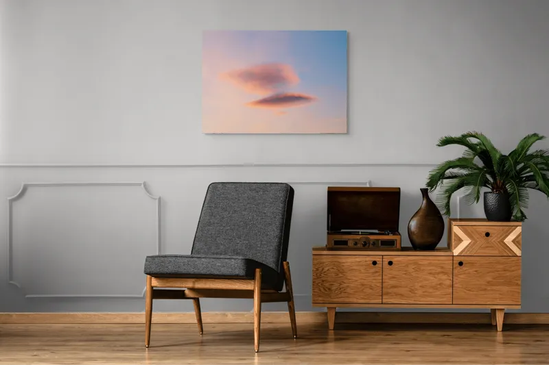 Tablou Canvas, "Nori plutiți pe cerul rozaliu", Nor, Cer, Apus, Senin, Calm, Delicat, Roz, Albastru, Eteric, Fragil, 100 x 70 cm – poza 8