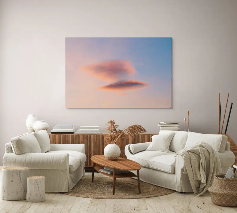 Tablou Canvas, "Nori plutiți pe cerul rozaliu", Nor, Cer, Apus, Senin, Calm, Delicat, Roz, Albastru, Eteric, Fragil, 150 x 100 cm – poza 3