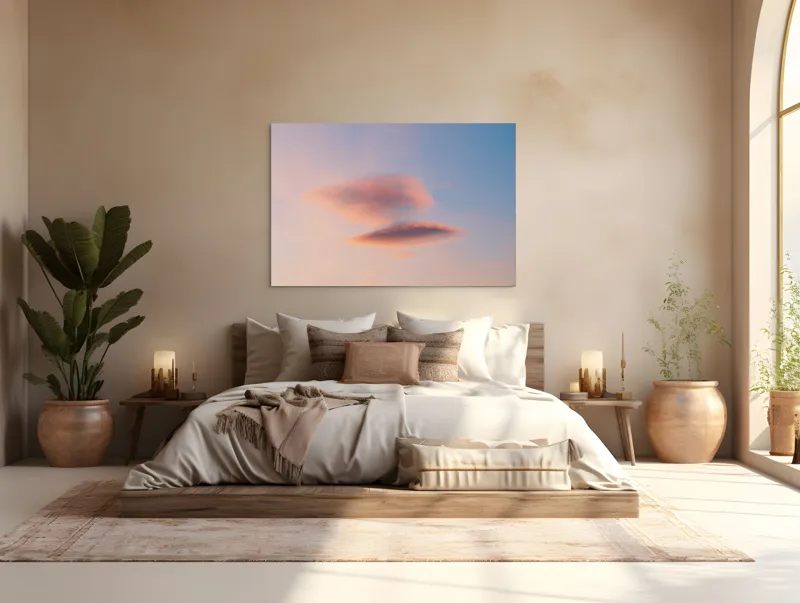 Tablou Canvas, "Nori plutiți pe cerul rozaliu", Nor, Cer, Apus, Senin, Calm, Delicat, Roz, Albastru, Eteric, Fragil, 150 x 100 cm – poza 4