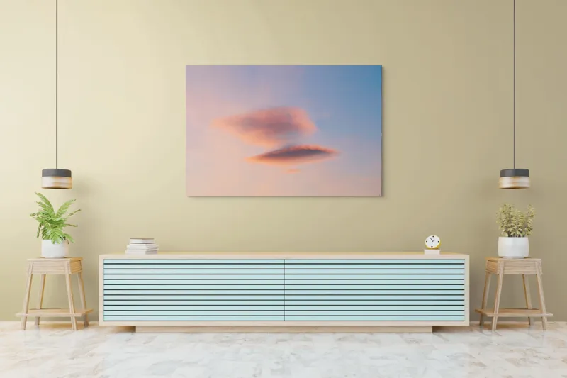 Tablou Canvas, "Nori plutiți pe cerul rozaliu", Nor, Cer, Apus, Senin, Calm, Delicat, Roz, Albastru, Eteric, Fragil, 150 x 100 cm – poza 6