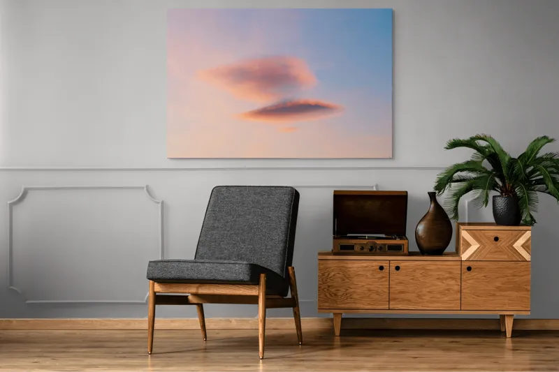Tablou Canvas, "Nori plutiți pe cerul rozaliu", Nor, Cer, Apus, Senin, Calm, Delicat, Roz, Albastru, Eteric, Fragil, 150 x 100 cm – poza 8
