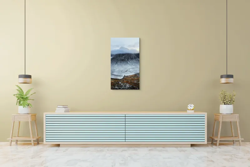 Tablou Canvas, "Călător prin munți învăluiți de nori", Nor, Munte, Solitudine, Peisaj, Liniște, Înălțime, Răceală, Pustiu, Călătorie, Mister, 50 x 90 cm – poza 6