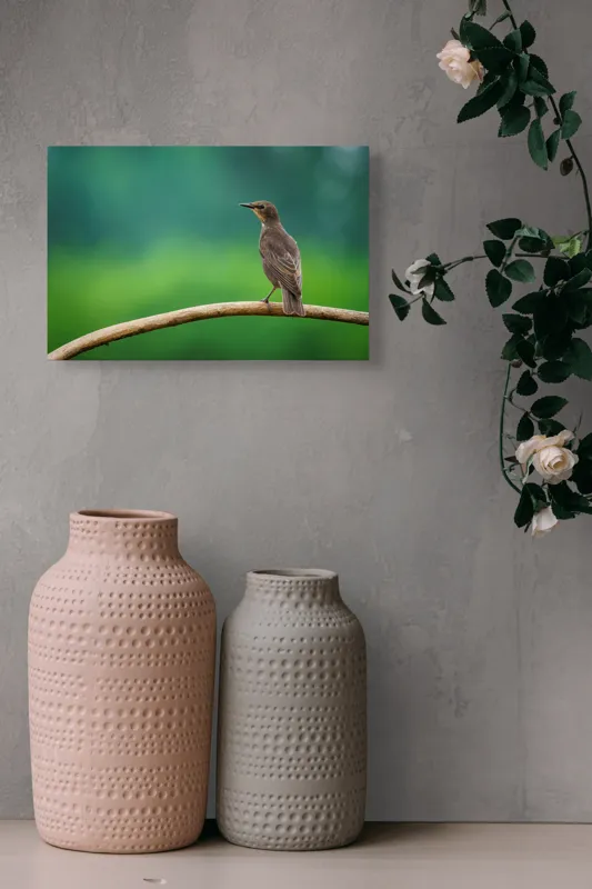 Tablou Canvas, "Pasăre pe creangă în zori", Pasăre, Creangă, Verde, Penaj, Cer, Natural, Siluetă, Armonie, 39 x 26 cm – poza 4