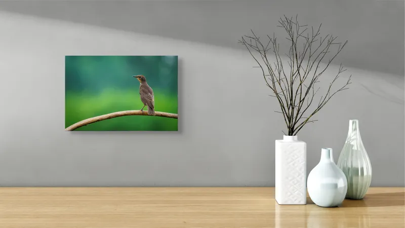 Tablou Canvas, "Pasăre pe creangă în zori", Pasăre, Creangă, Verde, Penaj, Cer, Natural, Siluetă, Armonie, 39 x 26 cm – poza 8
