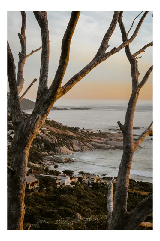 Tablou Canvas, "Apus liniștit pe coasta stâncoasă", Apus, Ocean, Copaci, Clădiri, Stânci, Cer, Natură, Peisaj, Liniște, Valuri, 50 x 90 cm