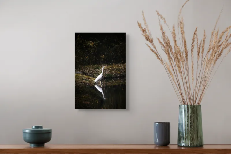 Tablou Canvas, "Egreta singuratică lângă apă întunecată", Priveliște, Eleganță, Liniște, Reflexie, Natură, Serenitate, Solitudine, Frumusețe., 26 x 39 cm – poza 5